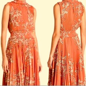 NWT Nanette Lepore Dress Coral Floral Sleeveless Plisse Pleats Smocked in Sz. 14